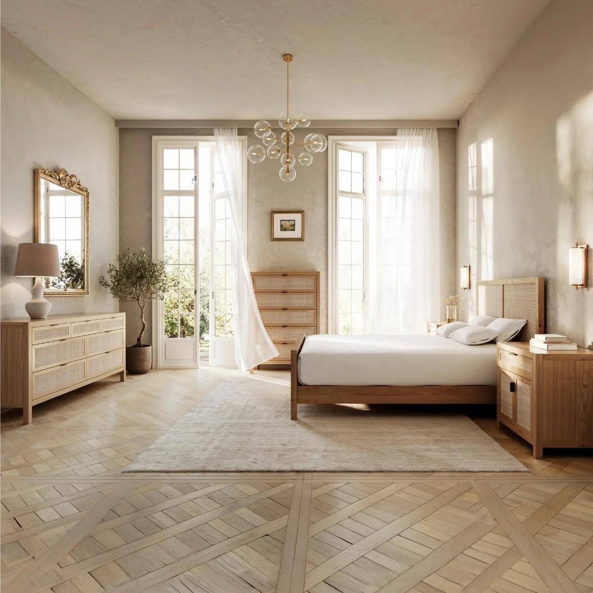 Neatly arranged bedroom with wooden furniture and large windows.